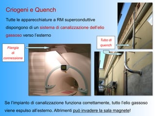 Criogeni e Quench
 Tutte le apparecchiature a RM superconduttive
 dispongono di un sistema di canalizzazione dell’elio
 gassoso verso l’esterno
                                                  Tubo di
                                                  quench
  Flangia
     di
connessione




Se l’impianto di canalizzazione funziona correttamente, tutto l’elio gassoso
viene espulso all’esterno. Altrimenti può invadere la sala magnete!
 