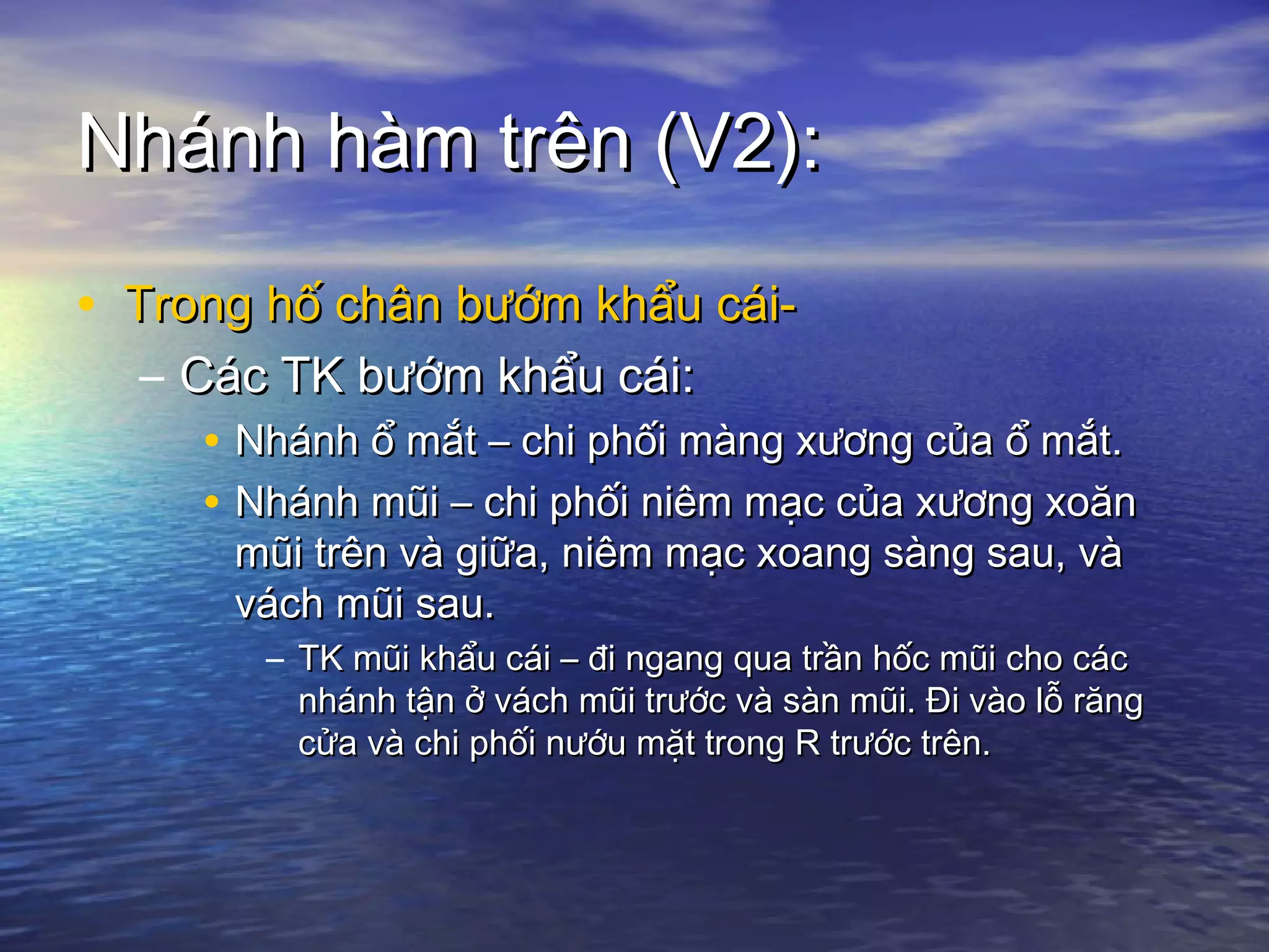Nhánh hàm trên (V2):Nhánh hàm trên (V2):
• Trong hố chân bướm khẩu cái-Trong hố chân bướm khẩu cái-
– Các TK bướm khẩu cái:Các TK bướm khẩu cái:
• Nhánh ổ mắt – chi phối màng xương của ổ mắt.Nhánh ổ mắt – chi phối màng xương của ổ mắt.
• Nhánh mũi – chi phối niêm mạc của xương xoănNhánh mũi – chi phối niêm mạc của xương xoăn
mũi trên và giữa, niêm mạc xoang sàng sau, vàmũi trên và giữa, niêm mạc xoang sàng sau, và
vách mũi sau.vách mũi sau.
– TK mũi khẩu cái – đi ngang qua trần hốc mũi cho cácTK mũi khẩu cái – đi ngang qua trần hốc mũi cho các
nhánh tận ở vách mũi trước và sàn mũi. Đi vào lỗ răngnhánh tận ở vách mũi trước và sàn mũi. Đi vào lỗ răng
cửa và chi phối nướu mặt trong R trước trên.cửa và chi phối nướu mặt trong R trước trên.
 