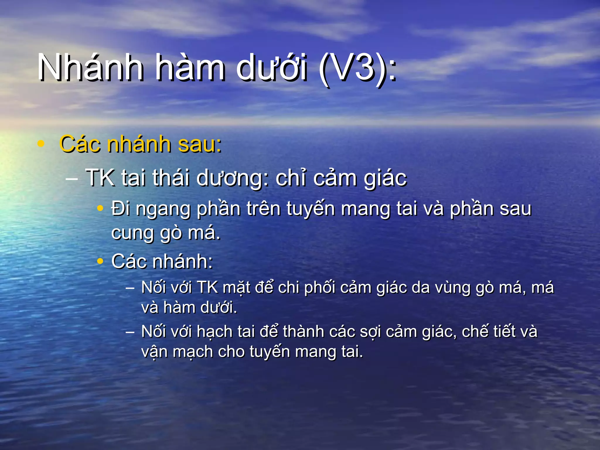 Nhánh hàm dưới (V3):Nhánh hàm dưới (V3):
• Các nhánh sau:Các nhánh sau:
– TK tai thái dương: chỉ cảm giácTK tai thái dương: chỉ cảm giác
• Đi ngang phần trên tuyến mang tai và phần sauĐi ngang phần trên tuyến mang tai và phần sau
cung gò má.cung gò má.
• Các nhánh:Các nhánh:
– Nối với TK mặt để chi phối cảm giác da vùng gò má, máNối với TK mặt để chi phối cảm giác da vùng gò má, má
và hàm dưới.và hàm dưới.
– Nối với hạch tai để thành các sợi cảm giác, chế tiết vàNối với hạch tai để thành các sợi cảm giác, chế tiết và
vận mạch cho tuyến mang tai.vận mạch cho tuyến mang tai.
 