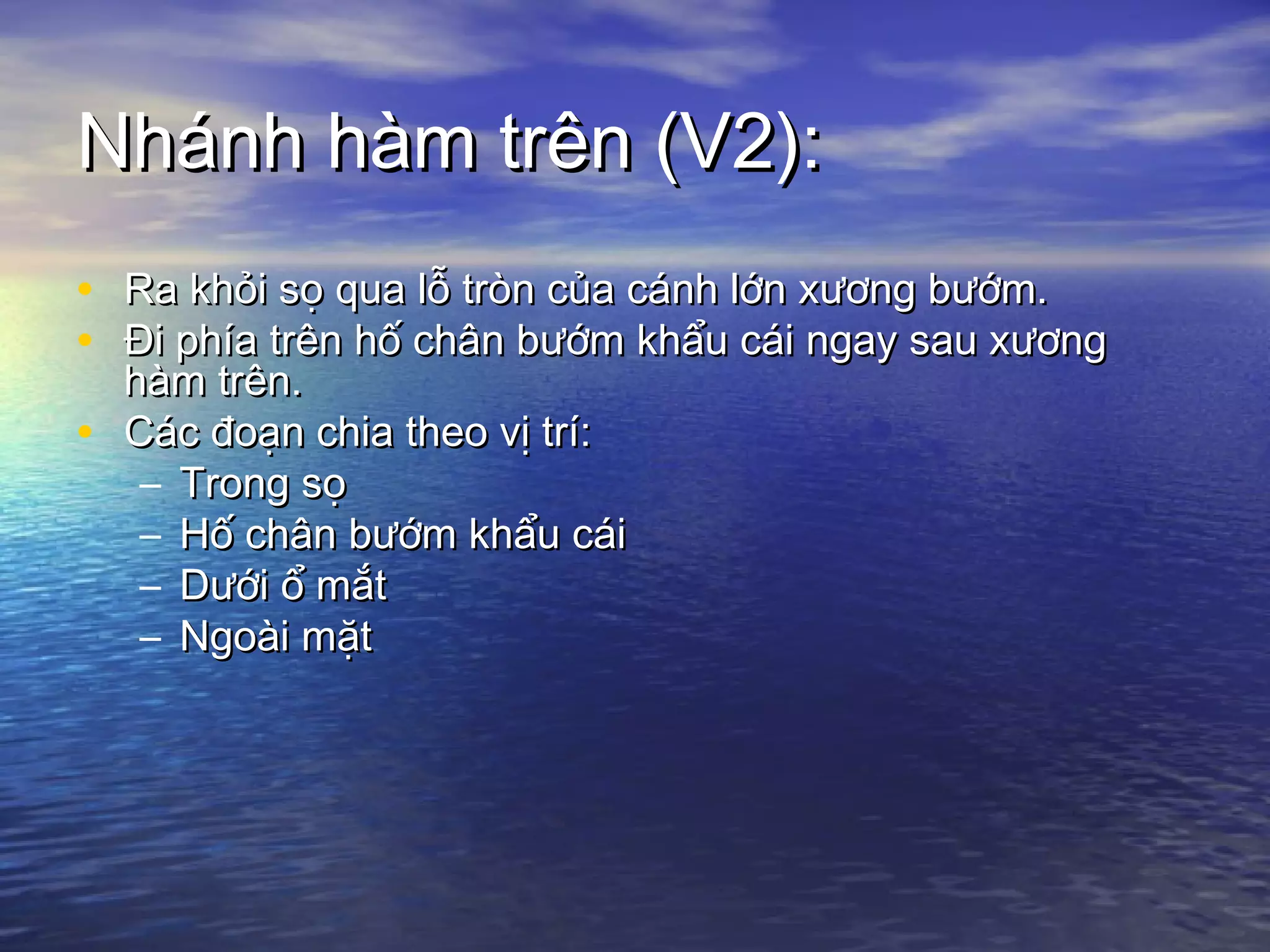 Nhánh hàm trên (V2):Nhánh hàm trên (V2):
• Ra khỏi sọ qua lỗ tròn của cánh lớn xương bướm.Ra khỏi sọ qua lỗ tròn của cánh lớn xương bướm.
• Đi phía trên hố chân bướm khẩu cái ngay sau xươngĐi phía trên hố chân bướm khẩu cái ngay sau xương
hàm trên.hàm trên.
• Các đoạn chia theo vị trí:Các đoạn chia theo vị trí:
– Trong sọTrong sọ
– Hố chân bướm khẩu cáiHố chân bướm khẩu cái
– Dưới ổ mắtDưới ổ mắt
– Ngoài mặtNgoài mặt
 