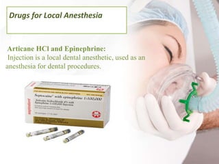 Drugs for Local Anesthesia
Articane HCl and Epinephrine:
Injection is a local dental anesthetic, used as an
anesthesia for dental procedures.
 