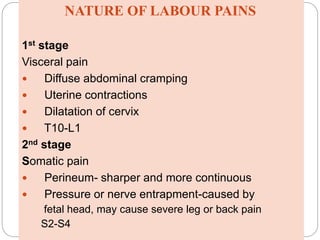 NATURE OF LABOUR PAINS
1st stage
Visceral pain
 Diffuse abdominal cramping
 Uterine contractions
 Dilatation of cervix
 T10-L1
2nd stage
Somatic pain
 Perineum- sharper and more continuous
 Pressure or nerve entrapment-caused by
fetal head, may cause severe leg or back pain
S2-S4
 