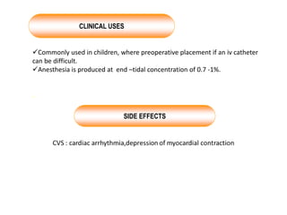 Commonly used in children, where preoperative placement if an iv catheter
can be difficult.
Anesthesia is produced at end –tidal concentration of 0.7 -1%.
.
CLINICAL USES
SIDE EFFECTS
 