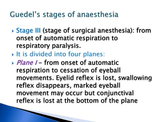  Stage III (stage of surgical anesthesia): from
onset of automatic respiration to
respiratory paralysis.
 It is divided into four planes:
 Plane I - from onset of automatic
respiration to cessation of eyeball
movements. Eyelid reflex is lost, swallowing
reflex disappears, marked eyeball
movement may occur but conjunctival
reflex is lost at the bottom of the plane
 