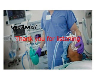 Reversal Agents/Anticholinergics
 Reversal Agents: all are acetylcholinesterase inhibitors, thereby
allowing more acetylcholine to be available to overcome the
neuromuscular blocker effect at the nicotinic receptor, but also
causing muscarinic stimulation
 Neostigmine – shares duration of action with glycopyrrolate (see
below)
 Edrophonium – shares duration of action with atropine (see below)
 Physostigmine – crosses the BBB, therefore useful for atropine
overdose
 Anticholinergics: given with reversal agents to block the muscarinic
effects of cholinergic stimulation, also excellent for treating
bradycardia and excess secretions
 Atropine – used in conjunction with edrophonium, crosses the BBB
causing drowsiness, so maybe bad at end of surgery for reversal,
some use as premed for all children since they tend to become
bradycardic with intubation and produce copious drool
 Glycopyrrolate – used in conjunction with neostigmine, does not
cross the BBB
Questions?
Thank you for listening.
 