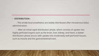 • DISTRIBUTION :
- The amide local anesthetics are widely distributed after intravenous bolus
administration.
- After an initial rapid distribution phase, which consists of uptake into
highly perfused organs such as the brain, liver, kidney, and heart, a slower
distribution phase occurs with uptake into moderately well-perfused tissues,
such as muscle and the gastrointestinal tract.
 