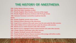 1200 - Liulius /Spain/: discovery of ether;
1589 - Dela Porta /Italy/: inhalation of ether;
1771 - Priestly /English/, Shele /Sweden/: discovery of the oxygen;
1772 - Priestly /English/: discovery of nitrous oxide (N2O, gas of fun);
1806 - Serturner /Germany/: received the morphium from the
opium;
1819 - Faraday /English/: narcotic action of ether;
1831 - Suberan /France/: discovery of the chloroform;
1842 - Long /U.S.A./: excision of the cystic tumor from the neck under the ether narcosis;
1844 - Harris Welles /U.S.A./: tooth extraction under the nitrous oxide narcosis;
1846 - Morton /U.S.A./: tooth extraction under ether narcosis;
1846 - Warren /U.S.A./: angiogenic tumor excision from the neck under ether narcosis;
1846 - Pirogov /Russia/: mastectomy under ether narcosis;
1847 - Simpson /Scotland/: narcosis with chloroform;
1853 - Woody /Scotland/, Pravatz /France/; invention of the syringe with hollow needle;
1879 - Anrep /Russia/: narcotic action of cocaine;
1899 - August Bier: spinal (subarachnoid) anesthesia;
1902 - Lemon /France/: electronarcosis;
1904 - Einhorn: invention of Novocain (Procaine);
 