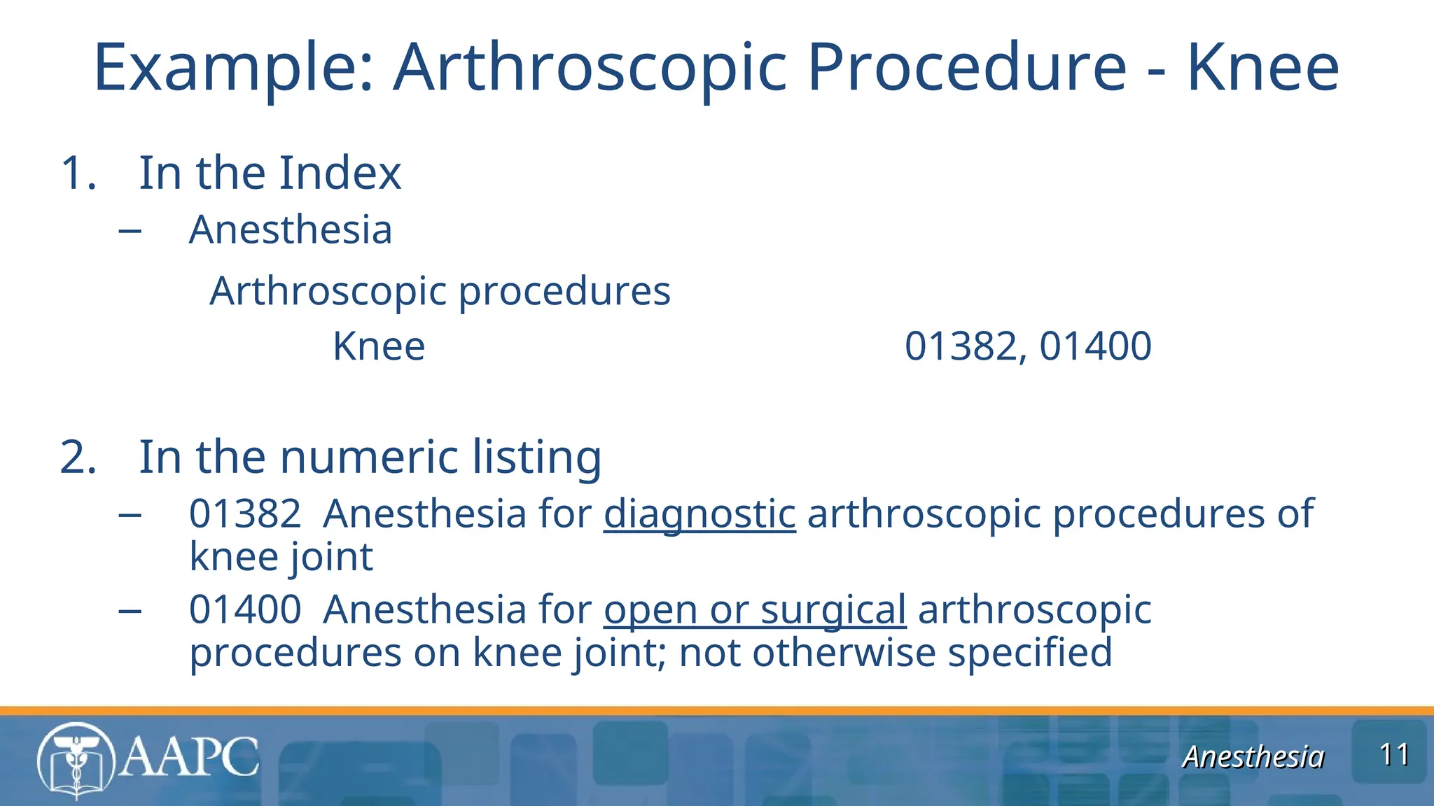 Anesthesia
Anesthesia
1. In the Index
– Anesthesia
Arthroscopic procedures
Knee 01382, 01400
2. In the numeric listing
– 01382 Anesthesia for diagnostic arthroscopic procedures of
knee joint
– 01400 Anesthesia for open or surgical arthroscopic
procedures on knee joint; not otherwise specified
Example: Arthroscopic Procedure - Knee
11
11
 