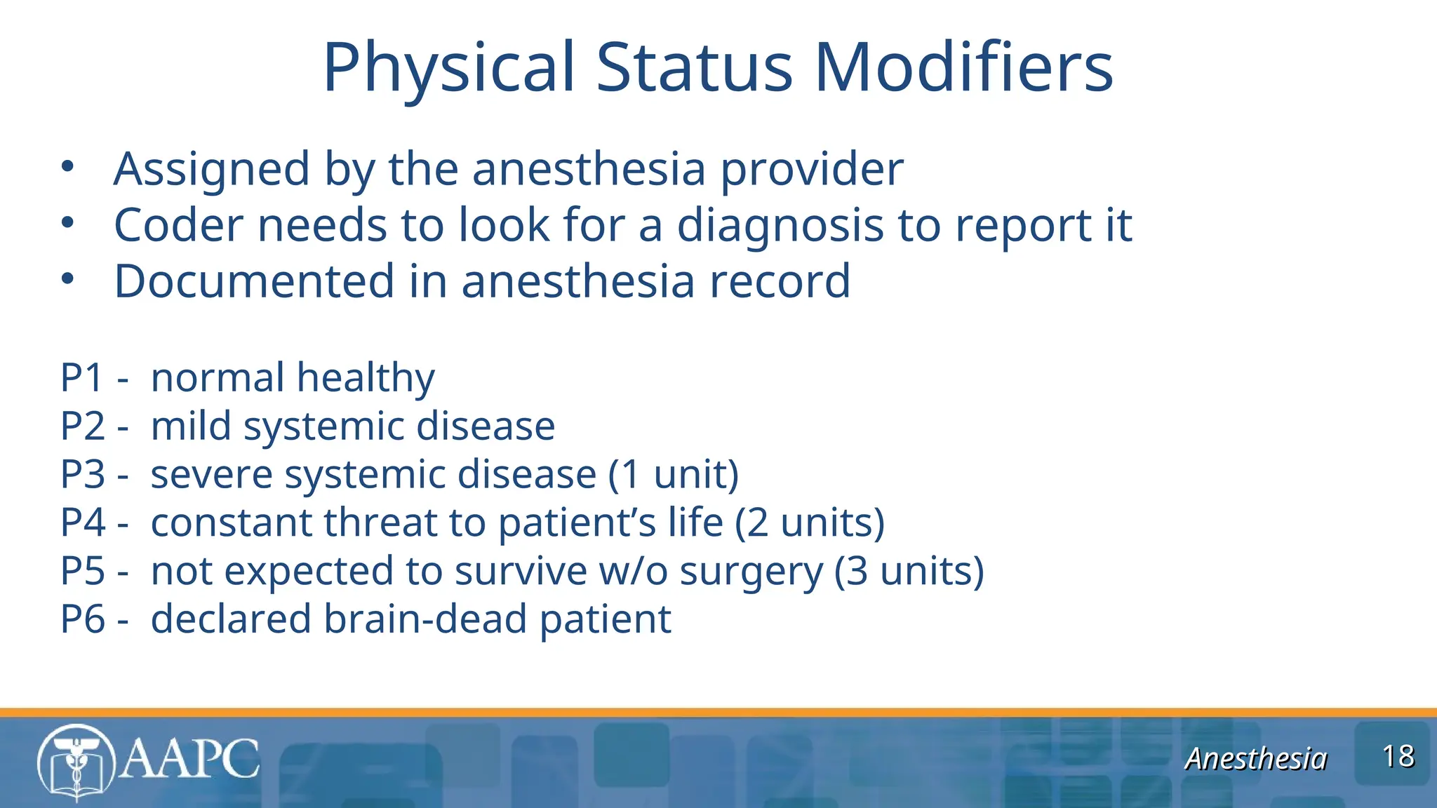 Anesthesia
Anesthesia
• Assigned by the anesthesia provider
• Coder needs to look for a diagnosis to report it
• Documented in anesthesia record
P1 - normal healthy
P2 - mild systemic disease
P3 - severe systemic disease (1 unit)
P4 - constant threat to patient’s life (2 units)
P5 - not expected to survive w/o surgery (3 units)
P6 - declared brain-dead patient
Physical Status Modifiers
18
18
 