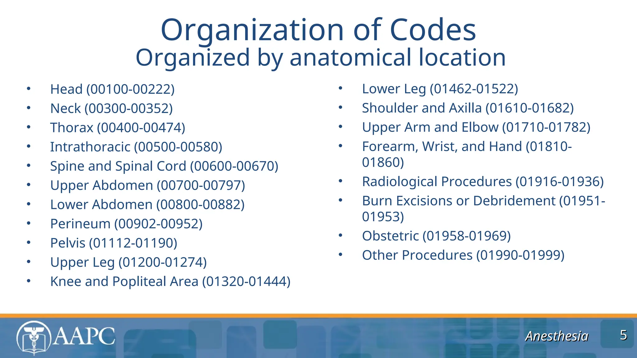 Anesthesia
Anesthesia
• Head (00100-00222)
• Neck (00300-00352)
• Thorax (00400-00474)
• Intrathoracic (00500-00580)
• Spine and Spinal Cord (00600-00670)
• Upper Abdomen (00700-00797)
• Lower Abdomen (00800-00882)
• Perineum (00902-00952)
• Pelvis (01112-01190)
• Upper Leg (01200-01274)
• Knee and Popliteal Area (01320-01444)
Organization of Codes
5
5
• Lower Leg (01462-01522)
• Shoulder and Axilla (01610-01682)
• Upper Arm and Elbow (01710-01782)
• Forearm, Wrist, and Hand (01810-
01860)
• Radiological Procedures (01916-01936)
• Burn Excisions or Debridement (01951-
01953)
• Obstetric (01958-01969)
• Other Procedures (01990-01999)
Organized by anatomical location
 