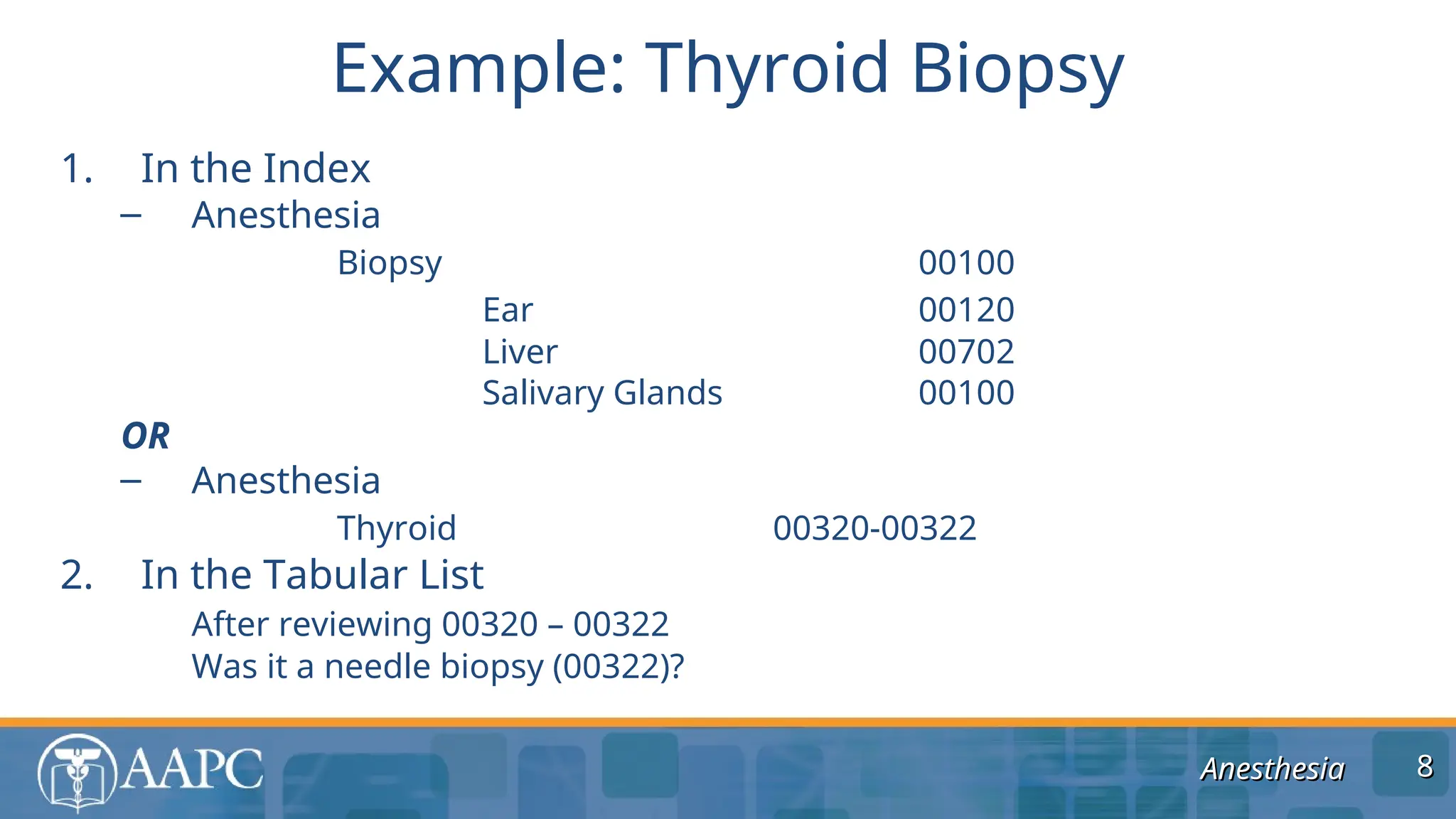 Anesthesia
Anesthesia
1. In the Index
– Anesthesia
Biopsy 00100
Ear 00120
Liver 00702
Salivary Glands 00100
OR
– Anesthesia
Thyroid 00320-00322
2. In the Tabular List
After reviewing 00320 – 00322
Was it a needle biopsy (00322)?
Example: Thyroid Biopsy
8
8
 