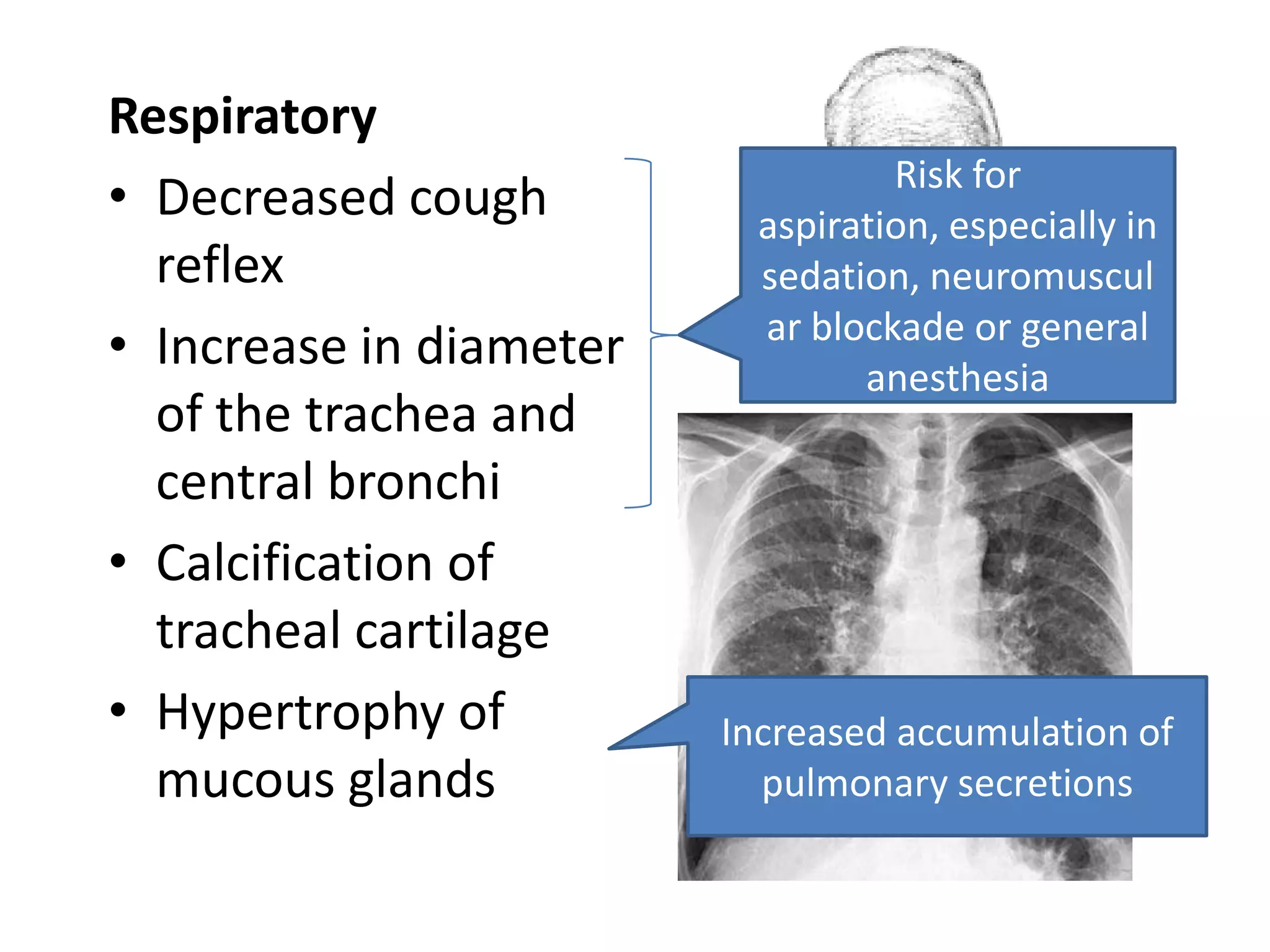 Respiratory
                                   Risk for
• Decreased cough          aspiration, especially in
  reflex                   sedation, neuromuscul
                           ar blockade or general
• Increase in diameter           anesthesia
  of the trachea and
  central bronchi
• Calcification of
  tracheal cartilage
• Hypertrophy of         Increased accumulation of
  mucous glands            pulmonary secretions
 