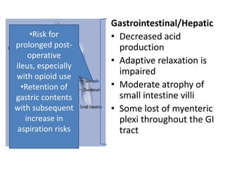 Gastrointestinal/Hepatic
     •Risk for      • Decreased acid
prolonged post-       production
    operative
ileus, especially
                    • Adaptive relaxation is
with opioid use
                      impaired
  •Retention of     • Moderate atrophy of
gastric contents      small intestine villi
with subsequent     • Some lost of myenteric
   increase in        plexi throughout the GI
 aspiration risks     tract
 
