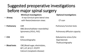 Suggested preoperative investigations
before major spinal surgery
Minimum investigations Optional investigations
• Airway X-rays Cervical spine lateral view
with flexion/extension views CT scan
• Pulmonary CXR Pulmonary function tests
ABG (bronchodilator reversibility)
Spirometry (FEV1, FVC) Pulmonary diffusion capacity
• CVS ECG Dobutamine-stress Echo
Echocardiography Dypiridamole
Thalliuscintigraphy
• Blood tests CBC,Blood sugar, electrolytes,
RFT, LFT, B.T,C.T. PT/PTT
Calcium (neoplastic disease)
 