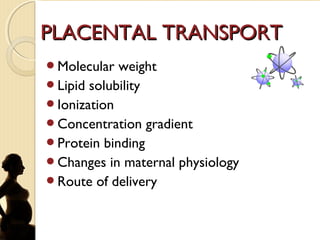 PLACENTAL TRANSPORTPLACENTAL TRANSPORT
Molecular weight
Lipid solubility
Ionization
Concentration gradient
Protein binding
Changes in maternal physiology
Route of delivery
 