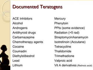 Documented TeratogensDocumented Teratogens
ACE Inhibitors Mercury
Alcohol Phenytoin
Androgens PPIs (some evidence)
Antithyroid drugs Radiation (>5 rad)
Carbamazepine Streptomycin/kanamycin
Chemotherapy agents Isotretinoin (Accutane)
Cocaine Tetracycline
Coumadin Thalidomide
Diethylstibestrol Trimethadione
Lead Valproic acid
Lithium Vit A derivatives (Retinoic acid)
 
