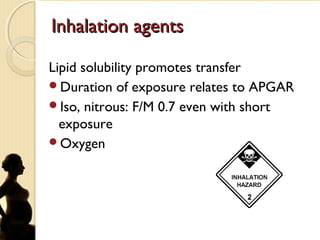 Inhalation agentsInhalation agents
Lipid solubility promotes transfer
Duration of exposure relates to APGAR
Iso, nitrous: F/M 0.7 even with short
exposure
Oxygen
 