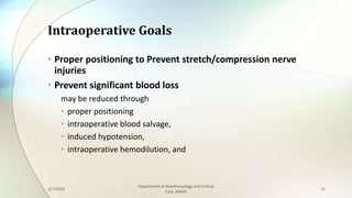 Intraoperative Goals
• Proper positioning to Prevent stretch/compression nerve
injuries
• Prevent significant blood loss
m...