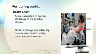 Positioning contd..
Beach Chair
• Arms- supported to prevent
stretching of the brachial
plexus.
• Elastic stockings and ac...