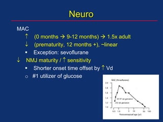 Neuro
MAC
 (0 months  9-12 months)  1.5x adult
 (prematurity, 12 months +), ~linear
 Exception: sevoflurane
 NMJ maturity /  sensitivity
 Shorter onset time offset by  Vd
o #1 utilizer of glucose
 