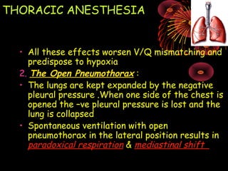 THORACIC ANESTHESIA
• All these effects worsen V/Q mismatching and
predispose to hypoxia
2. The Open PneumothoraxThe Open Pneumothorax :
• The lungs are kept expanded by the negative
pleural pressure .When one side of the chest is
opened the –ve pleural pressure is lost and the
lung is collapsed
• Spontaneous ventilation with open
pneumothorax in the lateral position results in
paradoxical respiration & mediastinal shift
 