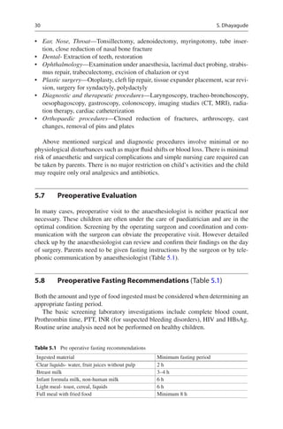 30
•	 Ear, Nose, Throat—Tonsillectomy, adenoidectomy, myringotomy, tube inser-
tion, close reduction of nasal bone fracture
•	 Dental- Extraction of teeth, restoration
•	 Ophthalmology—Examination under anaesthesia, lacrimal duct probing, strabis-
mus repair, trabeculectomy, excision of chalazion or cyst
•	 Plastic surgery—Otoplasty, cleft lip repair, tissue expander placement, scar revi-
sion, surgery for syndactyly, polydactyly
•	 Diagnostic and therapeutic procedures—Laryngoscopy, tracheo-bronchoscopy,
oesophagoscopy, gastroscopy, colonoscopy, imaging studies (CT, MRI), radia-
tion therapy, cardiac catheterization
•	 Orthopaedic procedures—Closed reduction of fractures, arthroscopy, cast
changes, removal of pins and plates
Above mentioned surgical and diagnostic procedures involve minimal or no
physiological disturbances such as major fluid shifts or blood loss. There is minimal
risk of anaesthetic and surgical complications and simple nursing care required can
be taken by parents. There is no major restriction on child’s activities and the child
may require only oral analgesics and antibiotics.
5.7	 Preoperative Evaluation
In many cases, preoperative visit to the anaesthesiologist is neither practical nor
necessary. These children are often under the care of paediatrician and are in the
optimal condition. Screening by the operating surgeon and coordination and com-
munication with the surgeon can obviate the preoperative visit. However detailed
check up by the anaesthesiologist can review and confirm their findings on the day
of surgery. Parents need to be given fasting instructions by the surgeon or by tele-
phonic communication by anaesthesiologist (Table 5.1).
5.8	 Preoperative Fasting Recommendations (Table 5.1)
Both the amount and type of food ingested must be considered when determining an
appropriate fasting period.
The basic screening laboratory investigations include complete blood count,
Prothrombin time, PTT, INR (for suspected bleeding disorders), HIV and HBsAg.
Routine urine analysis need not be performed on healthy children.
Table 5.1  Pre operative fasting recommendations
Ingested material Minimum fasting period
Clear liquids- water, fruit juices without pulp 2 h
Breast milk 3–4 h
Infant formula milk, non-human milk 6 h
Light meal- toast, cereal, liquids 6 h
Full meal with fried food Minimum 8 h
S. Dhayagude
 