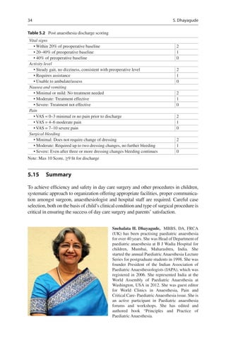 34
5.15	 Summary
To achieve efficiency and safety in day care surgery and other procedures in children,
systematic approach to organization offering appropriate facilities, proper communica-
tion amongst surgeon, anaesthesiologist and hospital staff are required. Careful case
selection, both on the basis of child’s clinical condition and type of surgical procedure is
critical in ensuring the success of day care surgery and parents’ satisfaction.
Table 5.2  Post anaesthesia discharge scoring
Vital signs
• Within 20% of preoperative baseline 2
• 20–40% of preoperative baseline 1
• 40% of preoperative baseline 0
Activity level
• Steady gait, no dizziness, consistent with preoperative level 2
• Requires assistance 1
• Unable to ambulate/assess 0
Nausea and vomiting
• Minimal or mild: No treatment needed 2
• Moderate: Treatment effective 1
• Severe: Treatment not effective 0
Pain
• VAS = 0–3 minimal or no pain prior to discharge 2
• VAS = 4–6 moderate pain 1
• VAS = 7–10 severe pain 0
Surgical bleeding
• Minimal: Does not require change of dressing 2
• Moderate: Required up to two dressing changes, no further bleeding 1
• Severe: Even after three or more dressing changes bleeding continues 0
Note: Max 10 Score, ≥9 fit for discharge
Snehalata H. Dhayagude,  MBBS, DA, FRCA
(UK) has been practising paediatric anaesthesia
for over 40 years. She was Head of Department of
paediatric anaesthesia at B J Wadia Hospital for
children, Mumbai, Maharashtra, India. She
started the annual Paediatric Anaesthesia Lecture
Series for postgraduate students in 1998. She was
founder President of the Indian Association of
Paediatric Anaesthesiologists (IAPA), which was
registered in 2006. She represented India at the
World Assembly of Paediatric Anaesthesia at
Washington, USA in 2012. She was guest editor
for World Clinics in Anaesthesia, Pain and
Critical Care- Paediatric Anaesthesia issue. She is
an active participant in Paediatric anaesthesia
forums and workshops. She has edited and
authored book “Principles and Practice of
Paediatric Anaesthesia.
S. Dhayagude
 