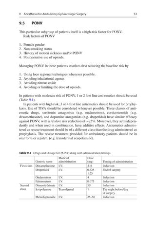 53
9.5	 PONV
This particular subgroup of patients itself is a high-risk factor for PONV.
Risk factors of PONV
	1.	 Female gender
	2.	 Non-smoking status
	3.	 History of motion sickness and/or PONV
	4.	 Postoperative use of opioids.
Managing PONV in these patients involves first reducing the baseline risk by
	1.	 Using loco regional techniques whenever possible.
	2.	 Avoiding inhalational agents
	3.	 Avoiding nitrous oxide
	4.	 Avoiding or limiting the dose of opioids.
In patients with moderate risk of PONV, 1 or 2 first line anti emetics should be used
(Table 9.1).
In patients with high risk, 3 or 4 first line antiemetics should be used for prophy-
laxis. Use of TIVA should be considered whenever possible. Three classes of anti-
emetic drugs, serotonin antagonists (e.g. ondansetron), corticosteroids (e.g.
dexamethasone), and dopamine antagonists (e.g. droperidol) have similar efficacy
against PONV, with a relative risk reduction of ∼25%. Moreover, they act indepen-
dently and when used in combination, have additive effects. Antiemetics adminis-
tered as rescue treatment should be of a different class than the drug administered as
prophylaxis. The rescue treatment provided for ambulatory patients should be in
oral form or a patch. (e.g. transdermal scopolamine).
Table 9.1  Drugs and Dosage for PONV along with administration timings
Generic name
Mode of
administration
Dose
(mg) Timing of administration
First class Dexamethasone I.V. 4–8 Induction
Droperidol I.V. 0.625–
1.25
End of surgery
Ondansetron I.V. 4 Induction
Palonosetron I.V. 0.075 Induction
Second
class
Dimenhydrinate I.V. 50 Induction
Scopolamine Transdermal 1 The night before/day
of surgery
Metoclopramide I.V. 25–50 Induction
9  Anesthesia for Ambulatory Gynaecologic Surgery
 