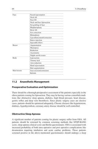 64
Face Facial rejuvenation
Neck lift
Face lift
Neck and face liposuction
Fat grafting of face
Blepharoplasty
Brow lift
Ear correction
Rhinoplasty
Lip enhancement/correction
Botox injection
Injectable fillers
Breast Augmentation
Mastopexy
Reduction
Asymmetry
Nipple areola issues
Body Liposuction
Tummy tuck
Arm reduction
Hand rejuvenation
Butt augmentation
Skin lesions Scar excision/correction
Keloids
11.2	 Anaesthetic Management
Preoperative Evaluation and Optimization
There should be a thorough preoperative assessment of the patients especially in the
obese patients coming for liposuction. They may be having various comorbid condi-
tions like obstructive sleep apnoea, diabetes, high blood pressure, heart disease,
gastric reflux and deep vein thrombosis. Since plastic surgery cases are elective
cases, patients should be optimized adequately. Chronic diseases like hypertension,
diabetes, hypothyroidism, coronary artery disease should be well controlled.
Obstructive Sleep Apnoea
A significant number of patients coming for plastic surgery suffer from OSA. All
patients should be screened by common screening methods like STOP-BANG
score, sleep apnoea clinical score and Berlin questionnaire. OSA is associated with
increased probability of both intra operative and post operative complications like
desaturation requiring intubation and acute cardiac problems. Those patients
screened positive in the above-mentioned questionnaires should undergo a sleep
S. Choudhary
 