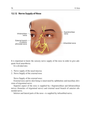 76
12.12	 Nerve Supply of Nose
Supratrochlear
nerve
External branch
of anterior
ethmoidal nerve
Infratrochlear
nerve
Infraorbital nerve
It is important to know the sensory nerve supply of the nose in order to give ade-
quate local anaesthesia.
It is divided into-
	1.	 Nerve supply of the nasal mucosa
	2.	 Nerve Supply of the external nose
Nerve Supply of the external nose:
External nose and its skin lining is innervated by ophthalmic and maxillary divi-
sions of trigeminal nerve.
Superior aspect of the nose is supplied by—Supratrochlear and Infratrochlear
nerves (branches of trigeminal nerve) and external nasal branch of anterior eth-
moidal nerve.
Inferior and lateral parts of the nose—is supplied by infraorbital nerve.
K. Vora
 