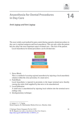 91© Springer Nature Singapore Pte Ltd. 2019
M. M. Begani et al. (eds.), Anesthesia in Day Care Surgery,
https://doi.org/10.1007/978-981-13-0959-5_14
A. Jagtap (*) · V. Jagtap
Dental Surgeon, Dr. Mulchandani Medical Services, Mumbai, India
14Anaesthesia for Dental Procedures
in Day Care
Amit Jagtap and Veni Jagtap
The most widely used method for pain control during operative dental procedures in
day care is regional analgesia and local anaesthesia. This not only calms the patient
but also allays the most important aspect of dental care—The fear of the patient.
Local Anaesthesia for dental procedures can be divided into:
Nerve block
Field block
Local infiltration
Intraligamentary
Topical anaesthesia
	1.	 Nerve Block:
This is a method of securing regional anaesthesia by injecting a local anaesthetic
solution within the close proximity of a main nerve.
	2.	 Field Block:
Local Anaesthetic is injected in proximity to the larger terminal nerve thereby
causing the entire field supplied by that nerve to be anaesthetized.
	3.	 Local Infiltration:
A small area is anaesthetized by injecting local solution into the terminal nerve
endings only.
	4.	 Intraligamentary technique:
 
