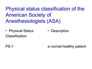 Physical status classification of the American Society of Anesthesiologists (ASA) Physical Status  Classification  PS-1  Description a normal healthy patient  