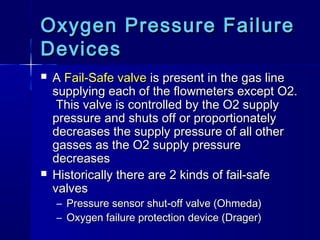 Oxygen Pressure FailureOxygen Pressure Failure
DevicesDevices
 AA Fail-Safe valveFail-Safe valve is present in the gas lineis present in the gas line
supplying each of the flowmeters except O2.supplying each of the flowmeters except O2.
This valve is controlled by the O2 supplyThis valve is controlled by the O2 supply
pressure and shuts off or proportionatelypressure and shuts off or proportionately
decreases the supply pressure of all otherdecreases the supply pressure of all other
gasses as the O2 supply pressuregasses as the O2 supply pressure
decreasesdecreases
 Historically there are 2 kinds of fail-safeHistorically there are 2 kinds of fail-safe
valvesvalves
– Pressure sensor shut-off valve (Ohmeda)Pressure sensor shut-off valve (Ohmeda)
– Oxygen failure protection device (Drager)Oxygen failure protection device (Drager)
 