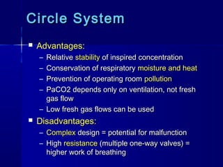 Circle SystemCircle System
 Advantages:Advantages:
– RelativeRelative stabilitystability of inspired concentrationof inspired concentration
– Conservation of respiratoryConservation of respiratory moisture and heatmoisture and heat
– Prevention of operating roomPrevention of operating room pollutionpollution
– PaCO2 depends only on ventilation, not freshPaCO2 depends only on ventilation, not fresh
gas flowgas flow
– Low fresh gas flows can be usedLow fresh gas flows can be used
 Disadvantages:Disadvantages:
– ComplexComplex design = potential for malfunctiondesign = potential for malfunction
– HighHigh resistanceresistance (multiple one-way valves) =(multiple one-way valves) =
higher work of breathinghigher work of breathing
 