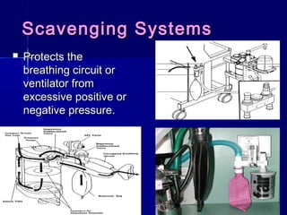 Scavenging SystemsScavenging Systems
 Protects theProtects the
breathing circuit orbreathing circuit or
ventilator fromventilator from
excessive positive orexcessive positive or
negative pressurenegative pressure..
 