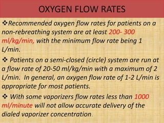 OXYGEN FLOW RATES
Recommended oxygen flow rates for patients on a
non-rebreathing system are at least 200- 300
ml/kg/min, with the minimum flow rate being 1
L/min.
 Patients on a semi-closed (circle) system are run at
a flow rate of 20-50 ml/kg/min with a maximum of 2
L/min. In general, an oxygen flow rate of 1-2 L/min is
appropriate for most patients.
 With some vaporizers flow rates less than 1000
ml/minute will not allow accurate delivery of the
dialed vaporizer concentration.
 