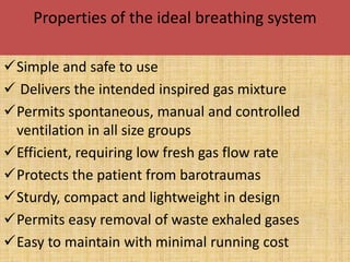 Properties of the ideal breathing system
Simple and safe to use
 Delivers the intended inspired gas mixture
Permits spontaneous, manual and controlled
ventilation in all size groups
Efficient, requiring low fresh gas flow rate
Protects the patient from barotraumas
Sturdy, compact and lightweight in design
Permits easy removal of waste exhaled gases
Easy to maintain with minimal running cost
 