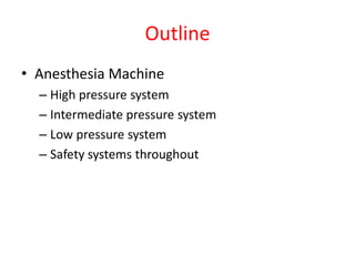 Outline
• Anesthesia Machine
– High pressure system
– Intermediate pressure system
– Low pressure system
– Safety systems throughout
 