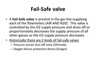 Fail-Safe valve
• A Fail-Safe valve is present in the gas line supplying
each of the flowmeters (AIR AND N20). This valve is
controlled by the O2 supply pressure and shuts off or
proportionately decreases the supply pressure of all
other gasses as the O2 supply pressure decreases
• Historically there are 2 kinds of fail-safe valves
– Pressure sensor shut-off valve (Ohmeda)
– Oxygen failure protection device (Drager)
 