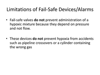 Limitations of Fail-Safe Devices/Alarms
• Fail-safe valves do not prevent administration of a
hypoxic mixture because they depend on pressure
and not flow.
• These devices do not prevent hypoxia from accidents
such as pipeline crossovers or a cylinder containing
the wrong gas
 