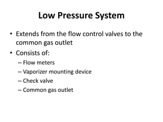 Low Pressure System
• Extends from the flow control valves to the
common gas outlet
• Consists of:
– Flow meters
– Vaporizer mounting device
– Check valve
– Common gas outlet
 