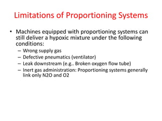 Limitations of Proportioning Systems
• Machines equipped with proportioning systems can
still deliver a hypoxic mixture under the following
conditions:
– Wrong supply gas
– Defective pneumatics (ventilator)
– Leak downstream (e.g.. Broken oxygen flow tube)
– Inert gas administration: Proportioning systems generally
link only N2O and O2
 