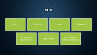 ECG
Rate Rhythm Axis Intervals
Conduction
abnormalities
Hypertrophy
Evidence of
ischemia/infarction
 