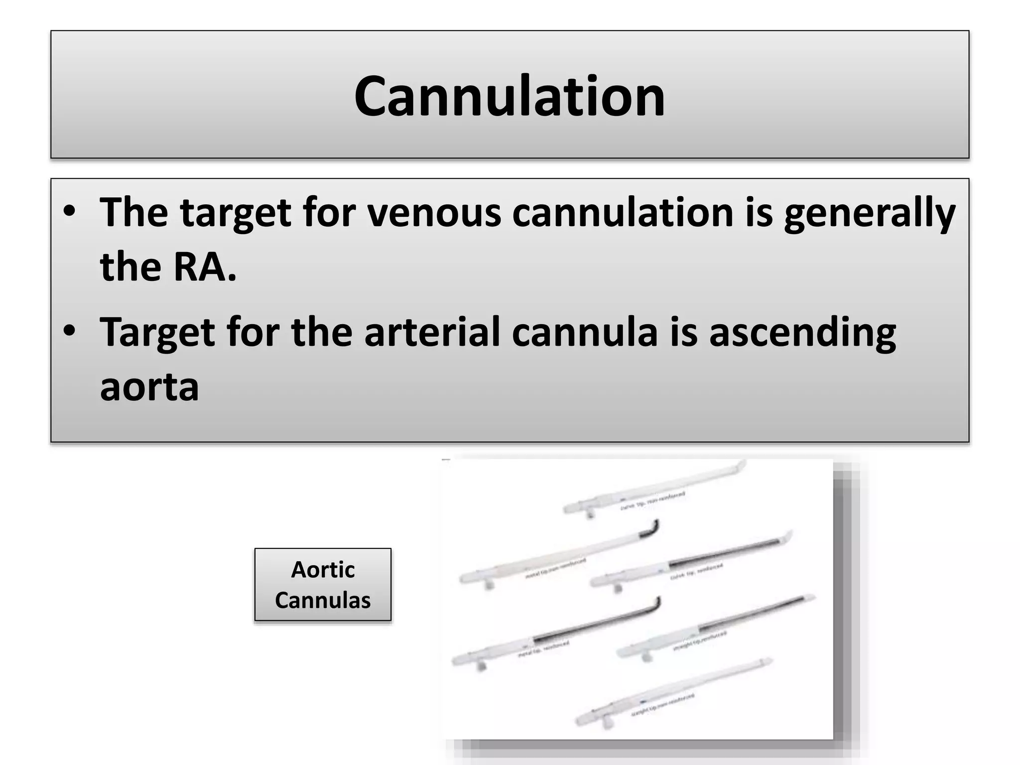 Cannulation
• The target for venous cannulation is generally
the RA.
• Target for the arterial cannula is ascending
aorta
Aortic
Cannulas
 