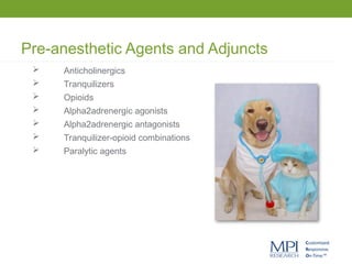 Pre-anesthetic Agents and Adjuncts
 Anticholinergics
 Tranquilizers
 Opioids
 Alpha2adrenergic agonists
 Alpha2adrenergic antagonists
 Tranquilizer-opioid combinations
 Paralytic agents
 