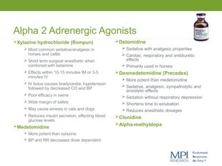 Alpha 2 Adrenergic Agonists
Xylazine hydrochloride (Rompun)
 Most common sedative/analgesic in
horses and cattle
 Short term surgical anesthetic when
combined with ketamine
 Effects within 10-15 minutes IM or 3-5
minutes IV
 IV bolus causes bradycardia, hypotension
followed by decreased CO and BP
 Poor efficacy in swine
 Wide margin of safety
 May cause emesis in cats and dogs
 Reduces insulin secretion, effecting blood
glucose levels
Medetomidine
 More potent than xylazine
 BP and RR decreases dose dependent
Detomidine
 Sedative with analgesic properties
 Cardiac, respiratory and antidiuretic
effects
 Primarily used in horses
Dexmedetomidine (Precedex)
 More potent than medetomidine
 Sedative, analgesic, sympatholytic and
anxiolytic effects
 Sedation without respiratory depression
 Shortens time to extubation
 Reduces anesthetic dosages
Clonidine
Alpha-methyldopa
 