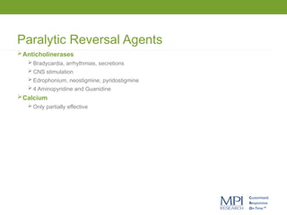 Paralytic Reversal Agents
Anticholinerases
 Bradycardia, arrhythmias, secretions
 CNS stimulation
 Edrophonium, neostigmine, pyridostigmine
 4 Aminopyridine and Guanidine
Calcium
 Only partially effective
 