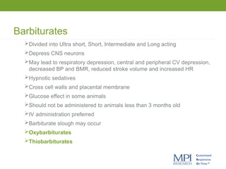 Barbiturates
Divided into Ultra short, Short, Intermediate and Long acting
Depress CNS neurons
May lead to respiratory depression, central and peripheral CV depression,
decreased BP and BMR, reduced stroke volume and increased HR
Hypnotic sedatives
Cross cell walls and placental membrane
Glucose effect in some animals
Should not be administered to animals less than 3 months old
IV administration preferred
Barbiturate slough may occur
Oxybarbiturates
Thiobarbiturates
 
