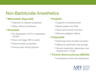 Propofol
Supports microbial growth
Rapid uptake into CNS
Quick and smooth recovery
Minimal analgesic effects
Propanidid
Extremely short duration of action
Difficult to administer fast enough
Severe respiratory depression and
hypotension in dogs
Tricaine Methanesulfonate (MS222)
Anesthesia of fish and amphibians
Metomidate (Hypnodil)
Hypnotic w/ relaxant properties
Sleep without anesthesia
Etomidate
No depression of CV or respiratory
centers
Does not trigger MH in swine
Anticonvulsant properties
Venous pain during injection
Non-Barbiturate Anesthetics
 