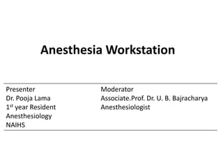 Anesthesia Workstation
Presenter
Dr. Pooja Lama
1st year Resident
Anesthesiology
NAIHS
Moderator
Associate.Prof. Dr. U. B. Bajracharya
Anesthesiologist
 